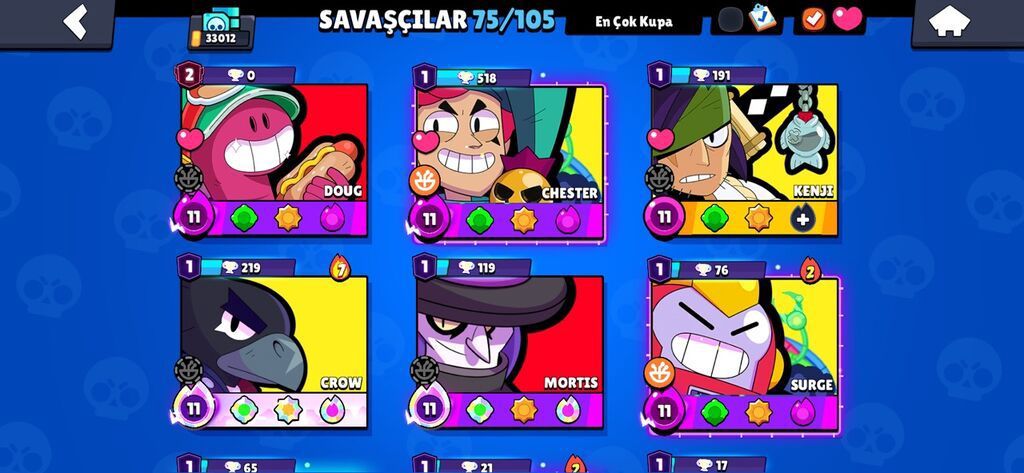 Brawl Stars hesabı – 33,012 qəhrəman gücü (üst paneldə görünür)