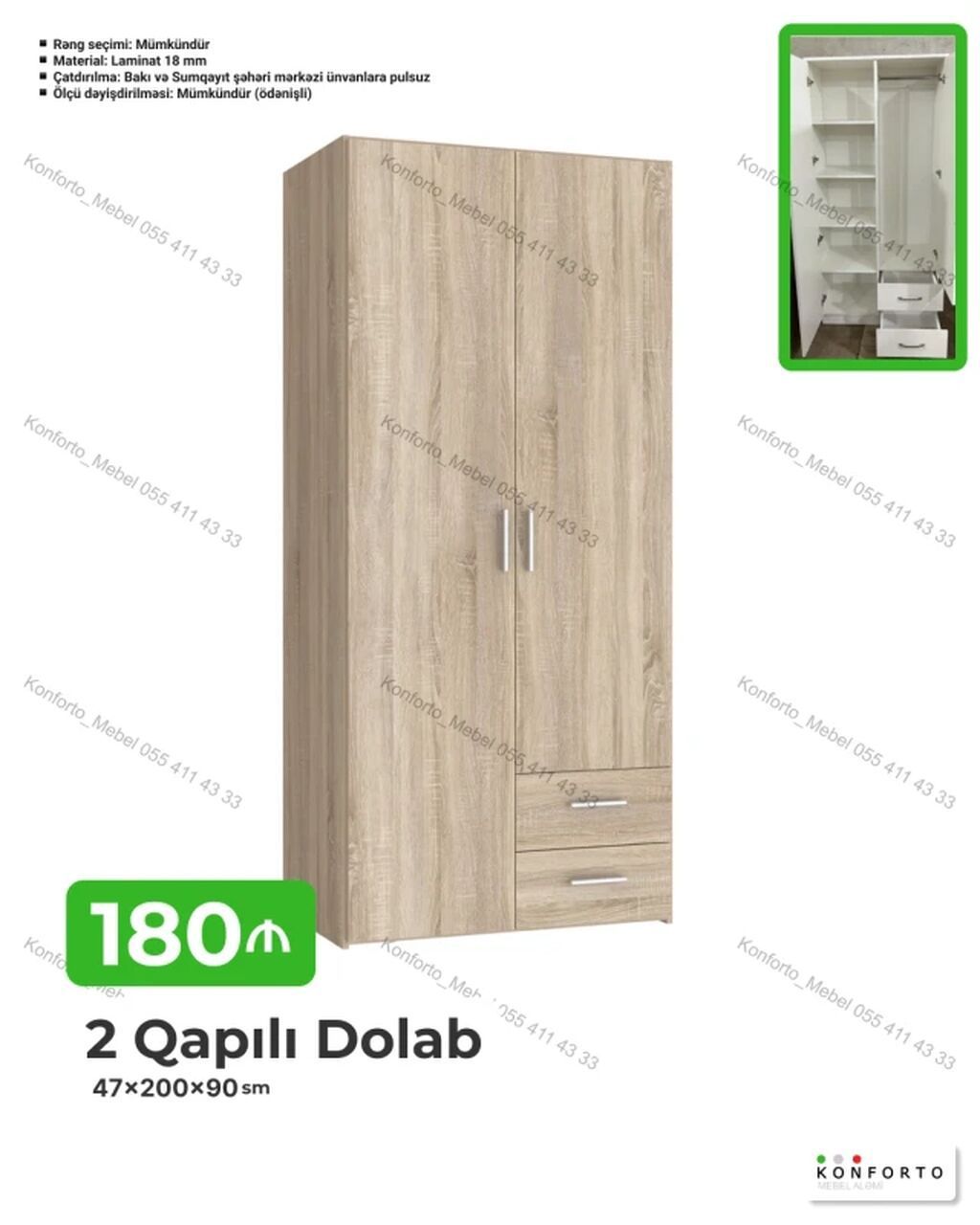 2 qapılı paltar dolabı 47×200×90 sm