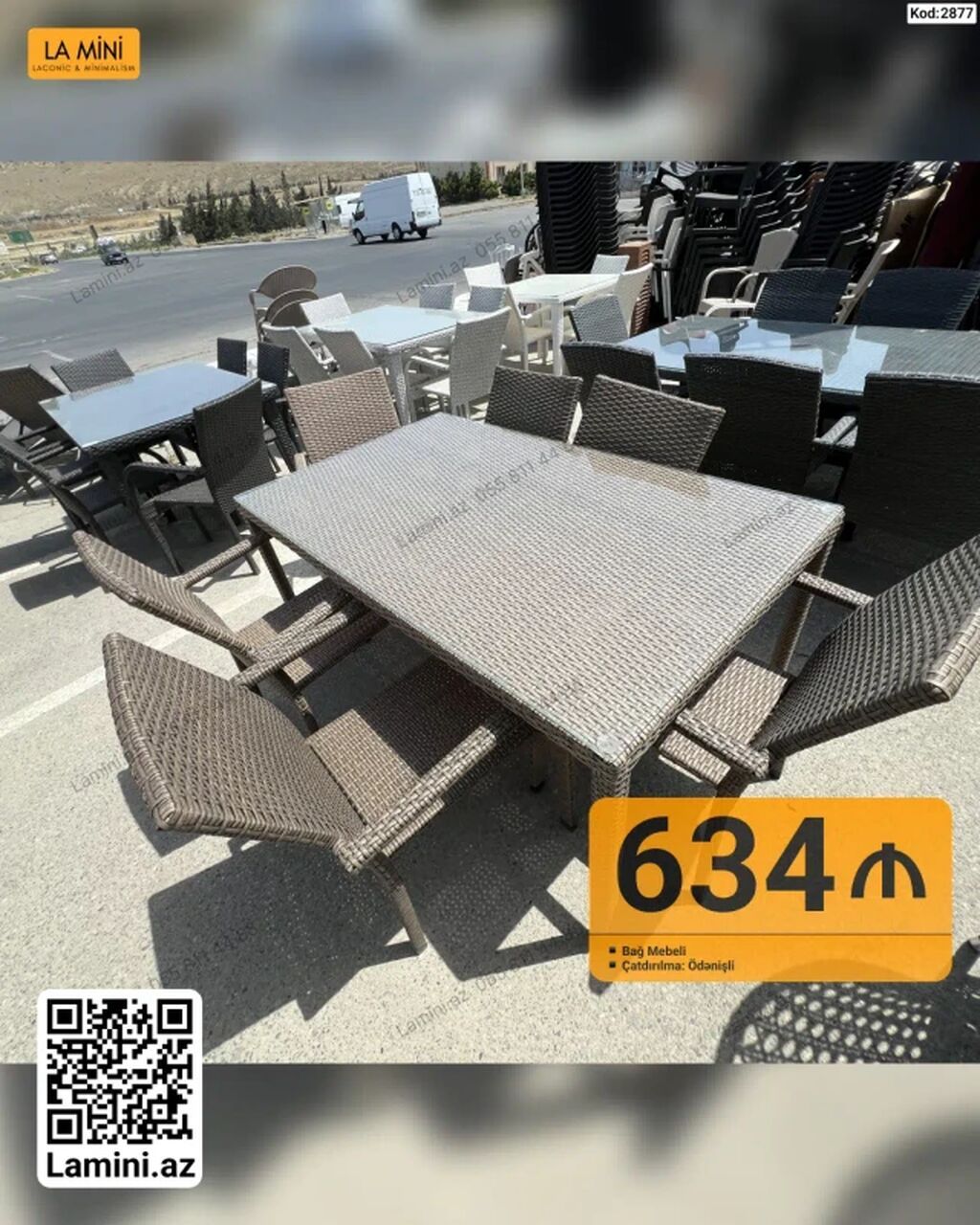 Bağ mebeli dəstləri 1) Kod: 2877 - Dəst: düzbucaqlı masa + 6 ədəd — Mebel, Bakı