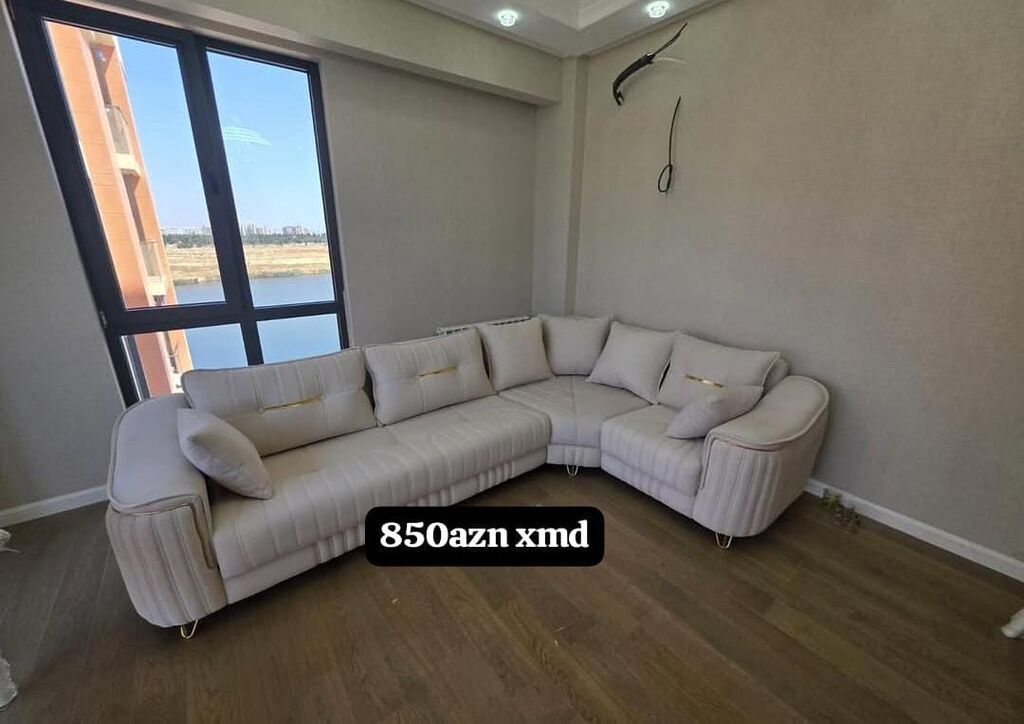 Künc divanı – zərif krem rəngdə, yumşaq parça üzlük. - L‑şəkilli — Mebel, Xırdalan