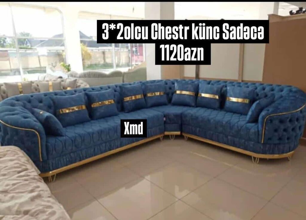 Chester üslubunda mavi künc divan - Ölçü: 3×2 m - Qiymət: 1120 AZN — Mebel, Bakı