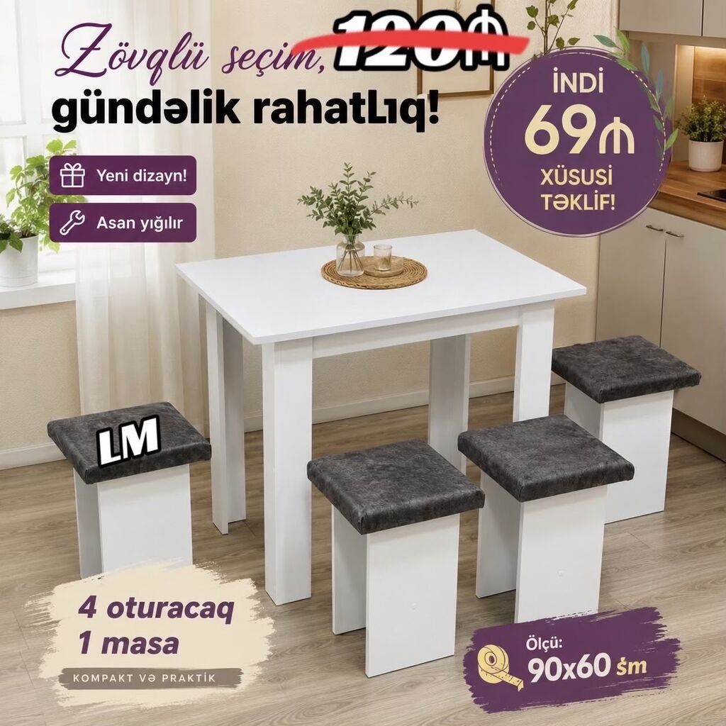 Məhsul: Mətbəx/diman otağı üçün kompakt masa dəsti Tərkib: - 1 ədəd — Mebel, Bakı