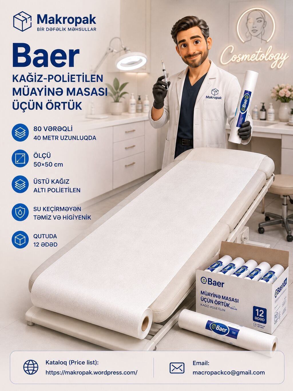 🧴 Təmiz və rahat müayinə mühiti üçün! 🔹 Baer marka kağız-polietilen