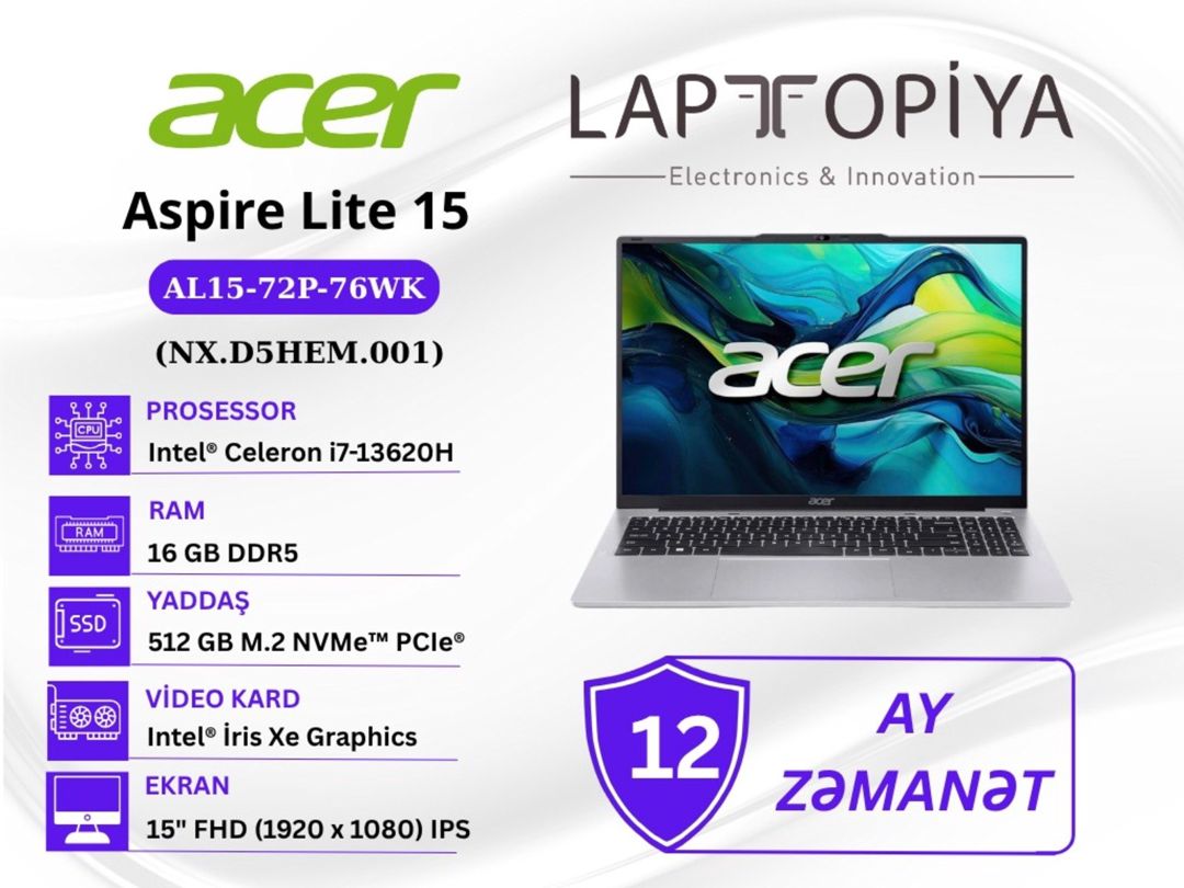 Acer Aspire Lite AL15-72P-76WK NX.D5HEM.001 — Elektronika, Bakı