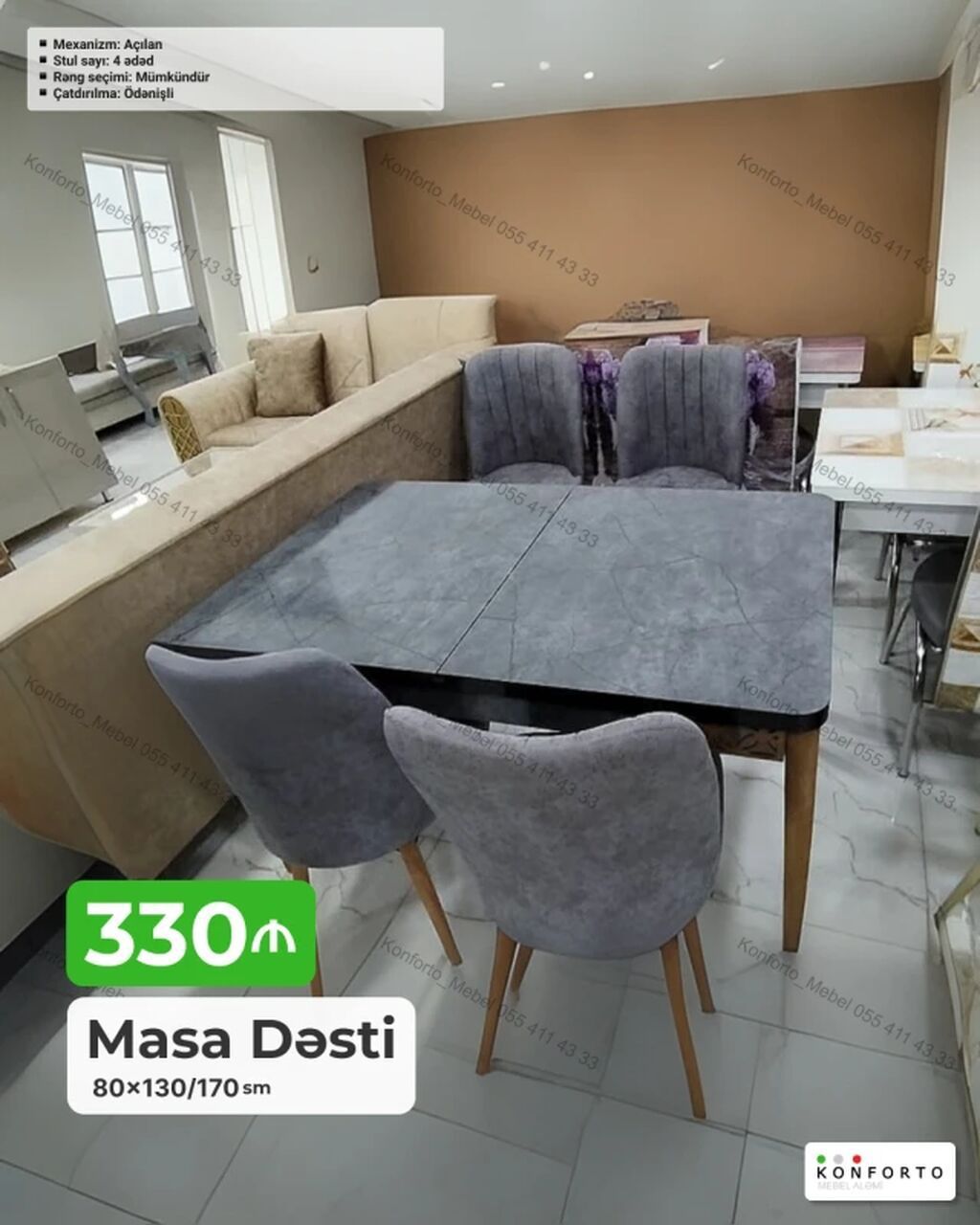 Masa dəsti – 80×130/170 sm - Mexanizm: Açılan (uzadıla bilən). - Stul — Mebel, Bakı