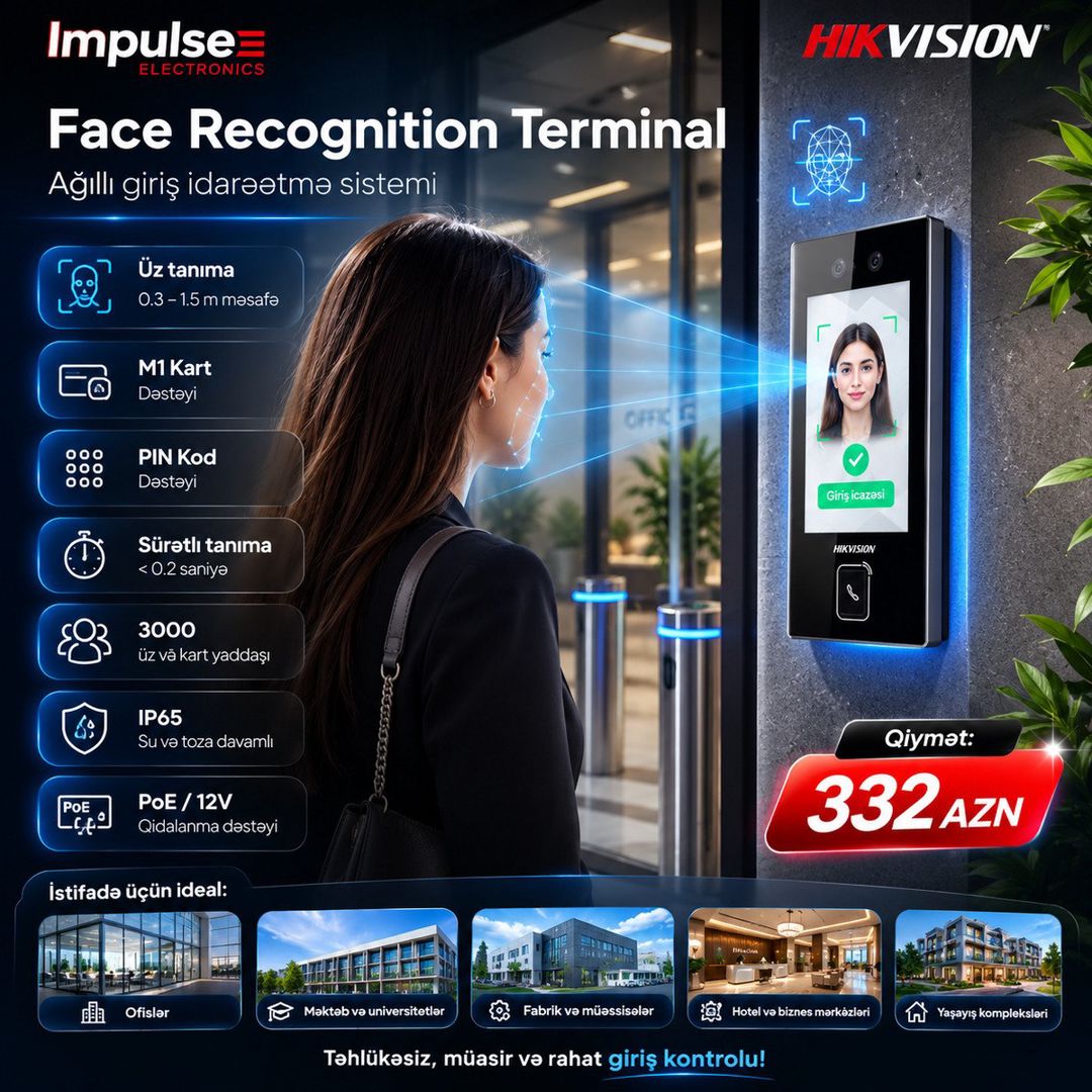 Hikvision Üz Tanıma Terminalı – Access Control, Kart, PIN, QR, PoE — Təhlükəsizlik sistemləri, Bakı