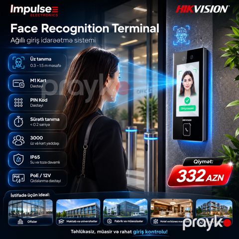Hikvision Üz Tanıma Terminalı – Access Control, Kart, PIN, QR, PoE — Bakı