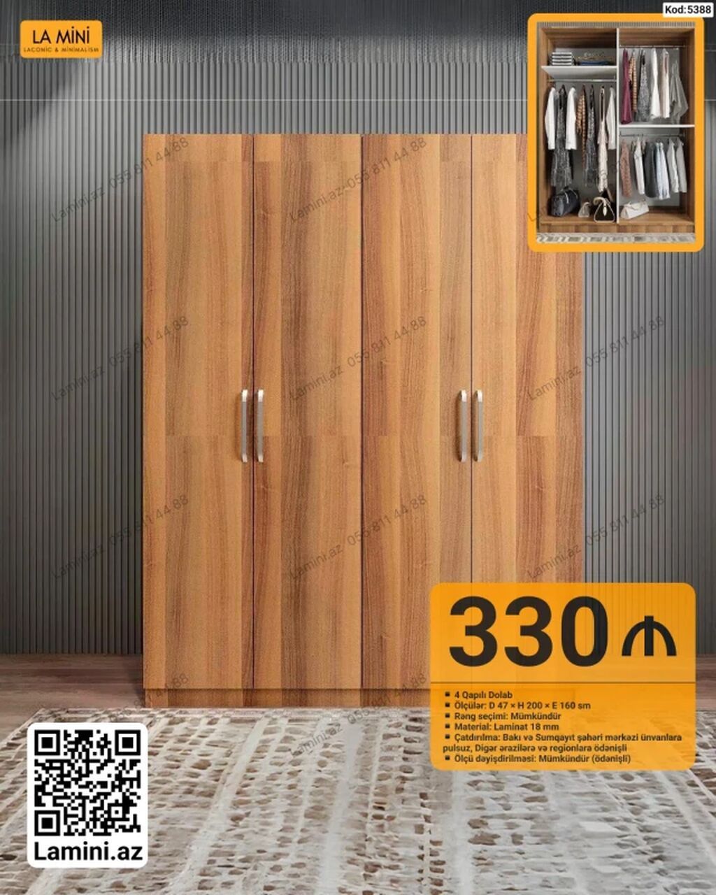 4 qapılı paltar dolabı - Ölçülər: 47 sm (dərinlik) x 200 sm — Mebel, Bakı