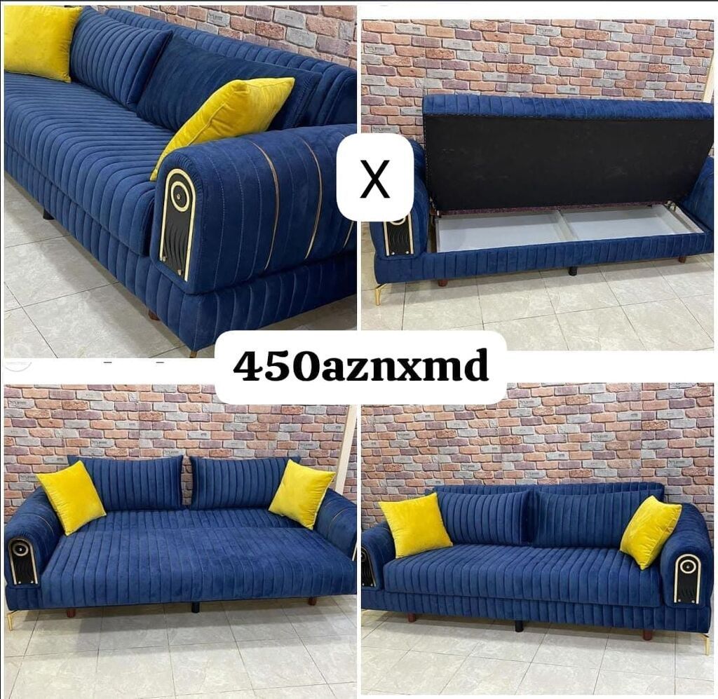 Mavi məxməri divan, qatlanaraq yataq funksiyasına çevrilir. Oturacaq — Mebel, Bakı