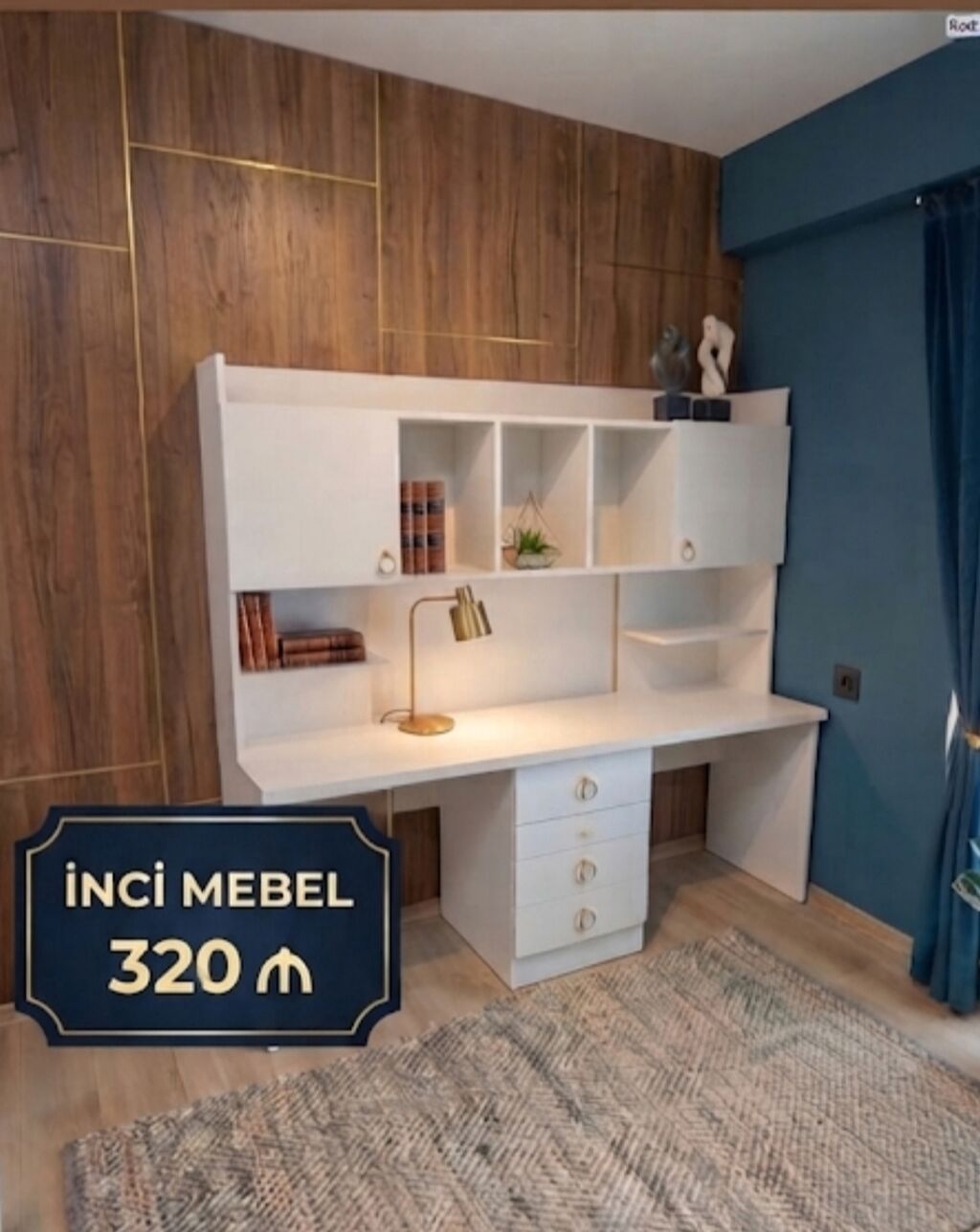 Ağ rəngli funksional iş masası və yuxarı modul rəf sistemi. • Geniş — Mebel, Bakı