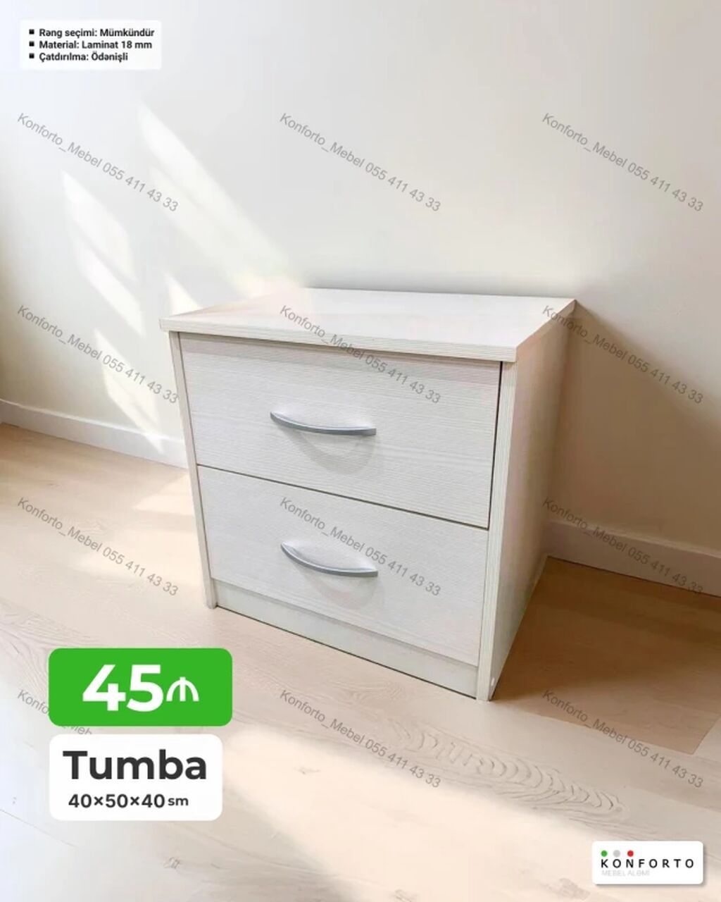 Tumba – 2 çəkməcəli Ölçülər: 40×50×40 sm Material: 18 mm laminat
