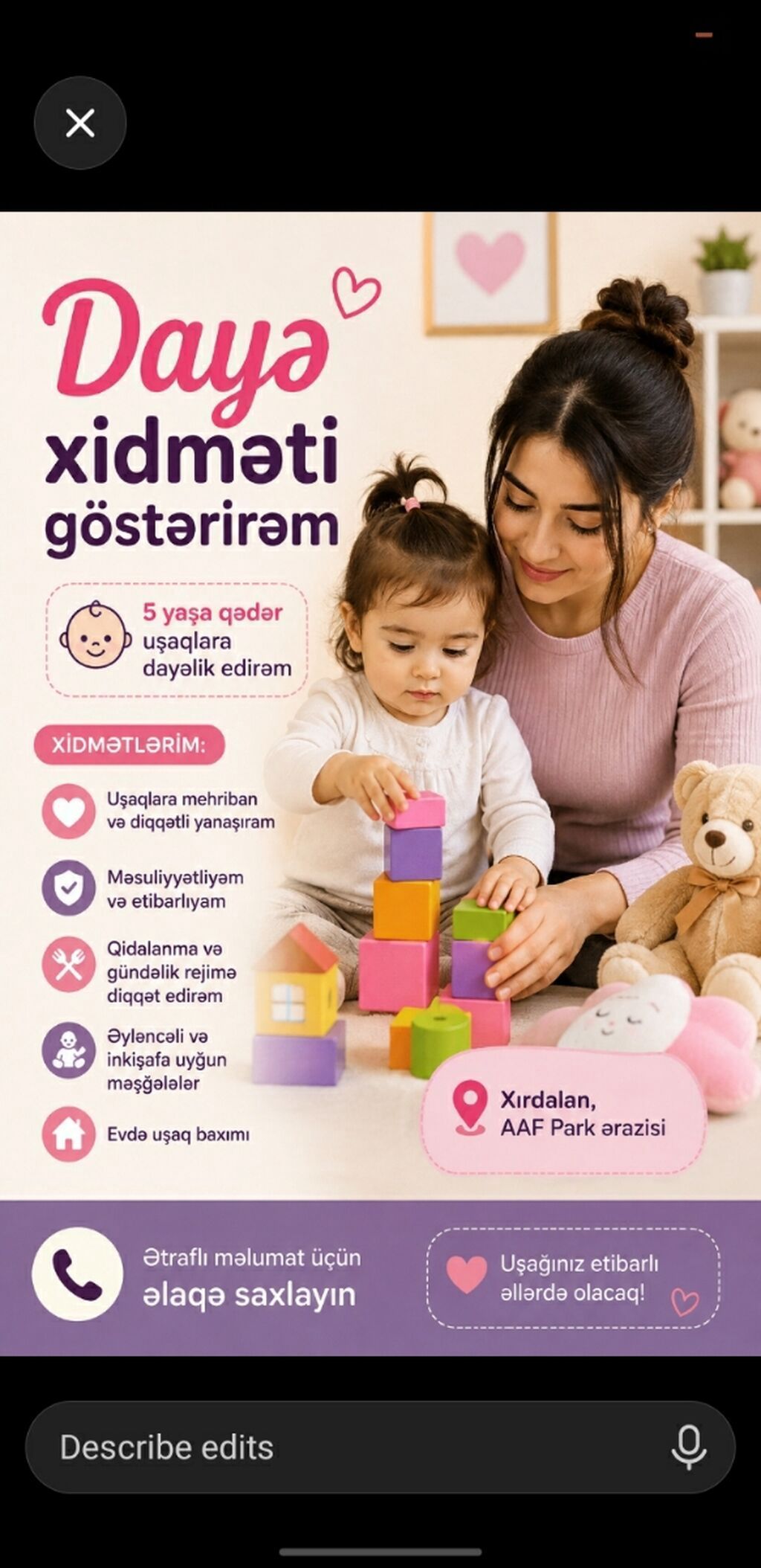 Xırdalan, AAF Park ərazisində dayə xidməti göstərilir. 5 yaşa qədər