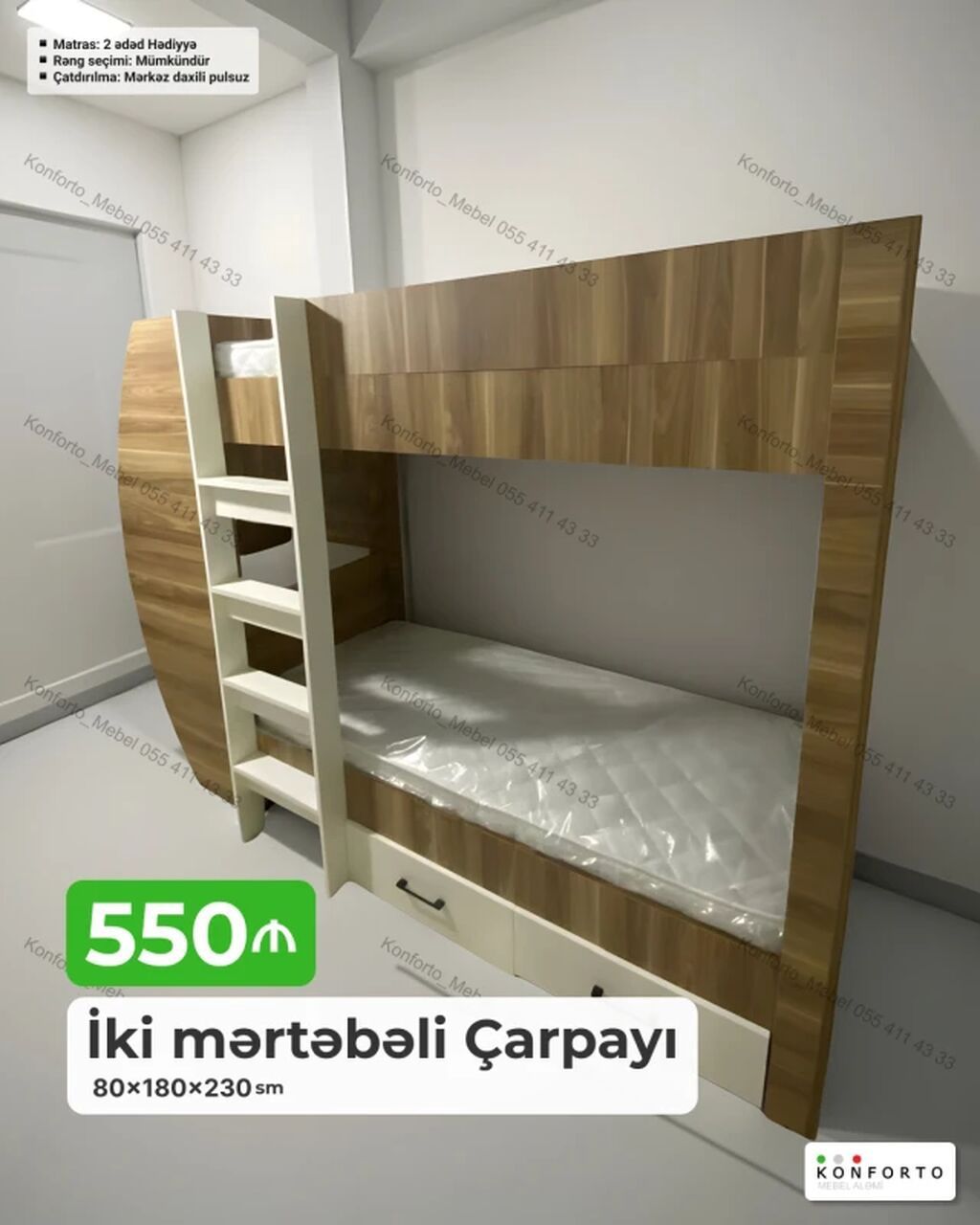 İki mərtəbəli çarpayı 80×180×230 sm – ağ və ağac