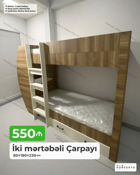 İki mərtəbəli çarpayı 80×180×230 sm – ağ və ağac