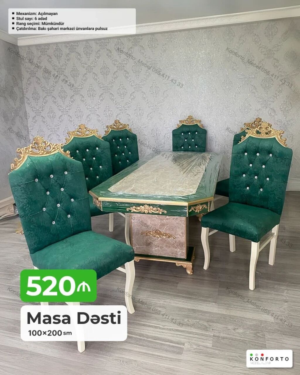 Məhsul: Masa dəsti - Ölçü: 100×200 sm - Komplekt: 1 masa + 6 stul -