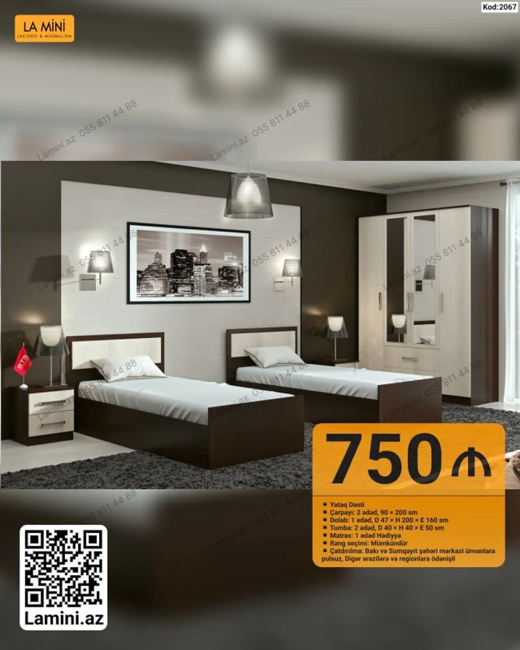 Yataq Dəsti – La Mini (Kod: 2067) Komplektin tərkibi: - Çarpayı: 2 — Mebel, Bakı