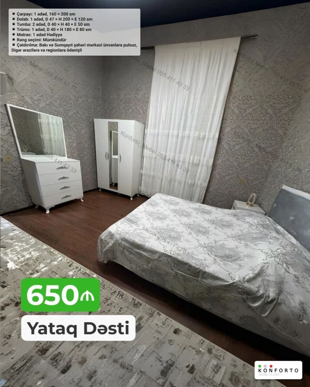 Yataq Dəsti – 160×200 sm, Çarpayı, Trümo, Dolab, 2 Tumba