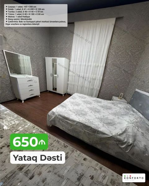 Yataq Dəsti – 160×200 sm, Çarpayı, Trümo, Dolab, 2 Tumba