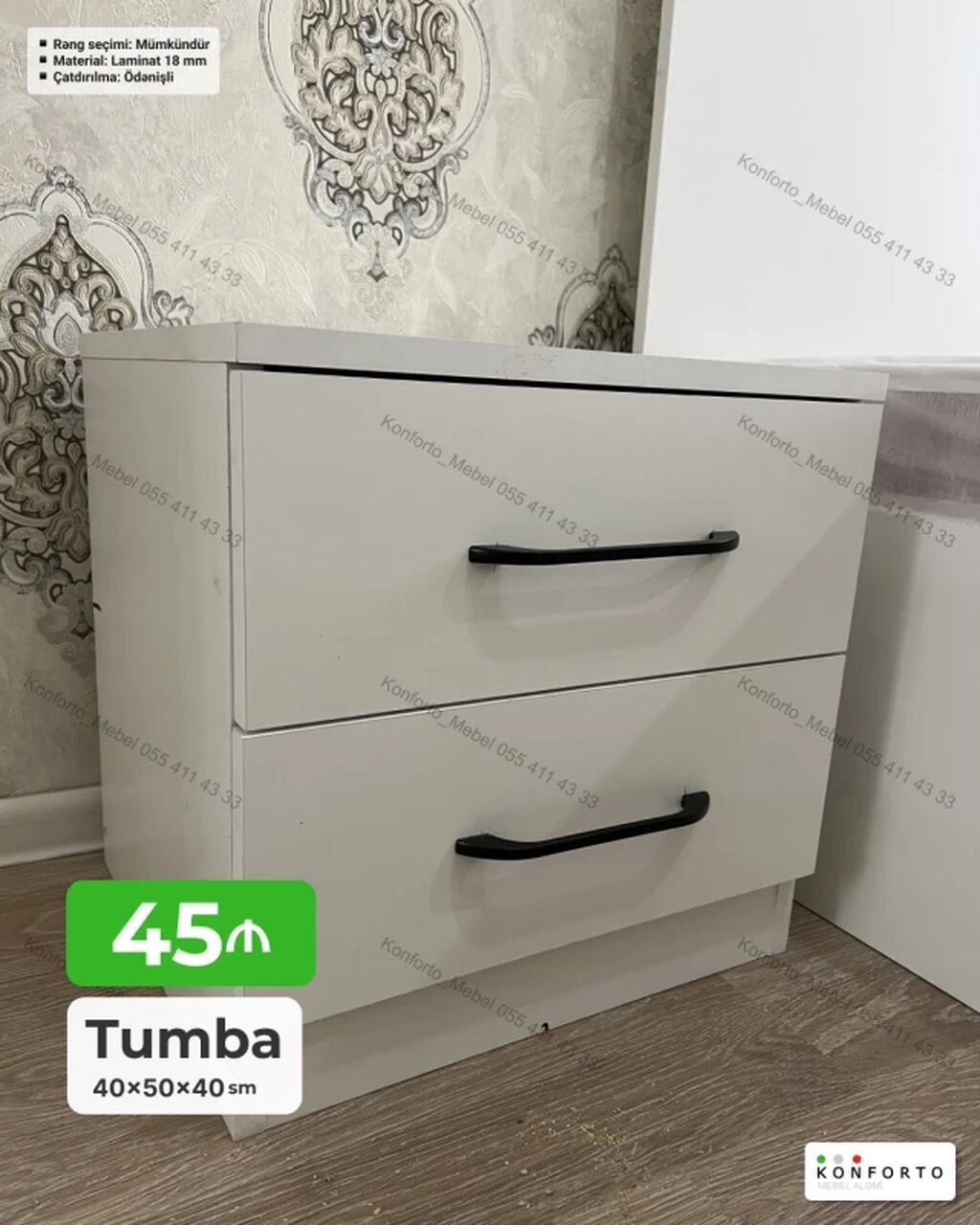 Tumba – 40×50×40 sm - İki çekmecəli, qara metal tutacaqlı, müasir — Mebel, Bakı