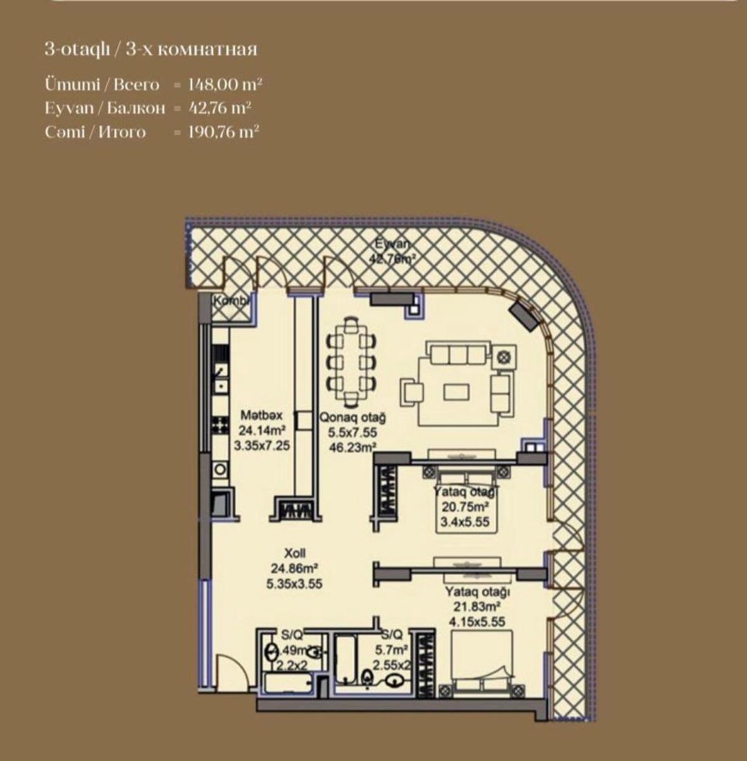 3-otaqlı yeni tikili, Ağ Şəhər., 187 m² — Mənzil, Bakı (2)