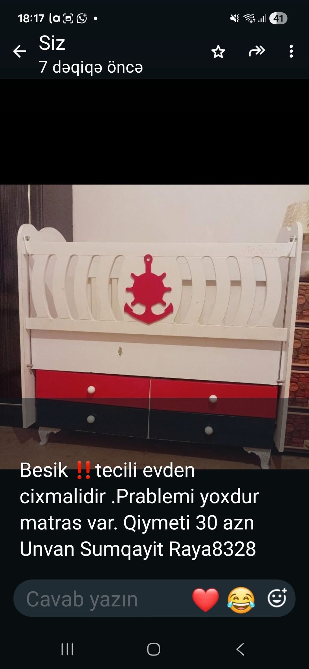 Uşaq beşiyi satılır. Beşik ağ rəngdədir, ön hissəsində dənizçi sükanı