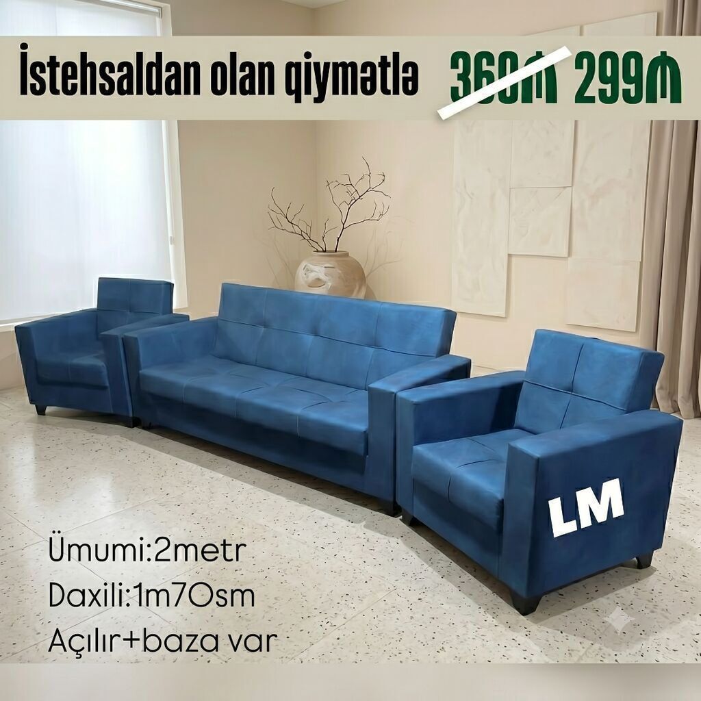 Yeni, Divan, 2 kreslo, Divan, Bazalı, Açılan — Mebel, Bakı