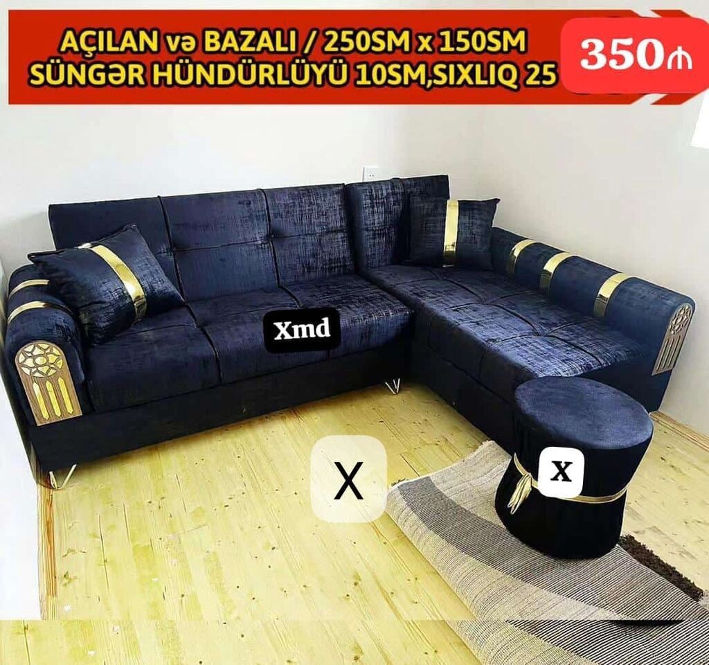 Açılan və bazalı L‑şəkilli künc divan dəsti. Ölçü: 250 sm x 150 sm — Mebel, Bakı