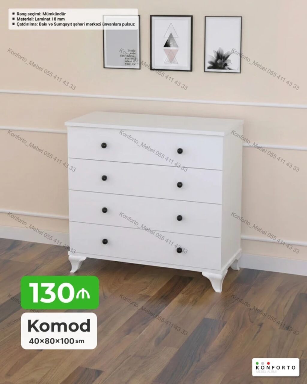 Ağ rəngli, minimalist dizaynlı komod Ölçülər: - 40 × 80 × 100 sm — Mebel, Bakı
