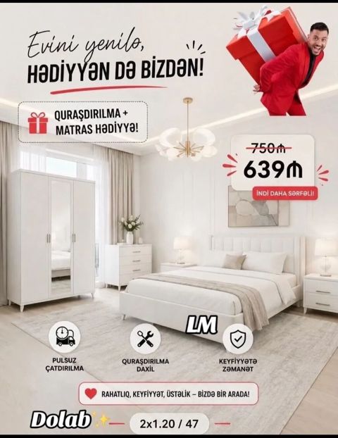 Ağ rəngdə elegant yataq otağı dolabı dəsti. Xüsusiyyətlər: - Model