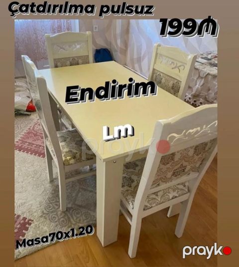 Mətbəx/dinəta üçün masa və 4 stul dəsti - Ölçü: Masa 70 x 120 sm