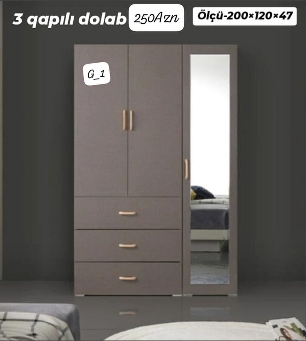 3 qapılı şkaf – güzgülü model Ölçü: 200 × 120 × 47 sm Qiymət: 250 — Mebel, Bakı (2)