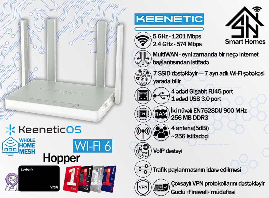 Keenetic AX1800 Mesh Wi-Fi 6 Router Hopper (KN-3810) — Şəbəkə və server avadanlığı, Bakı
