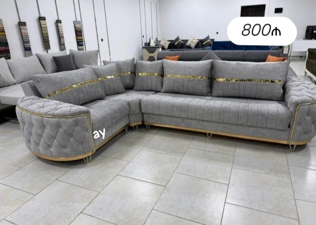 L formalı künc divanı - Rəng: açıq boz - Material: yumşaq
