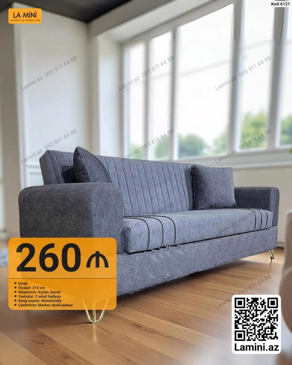 Divan – Kod: 6121 - Ölçü: 210 sm - Mexanizm: Açılan, bazalı (yataq — Mebel, Bakı