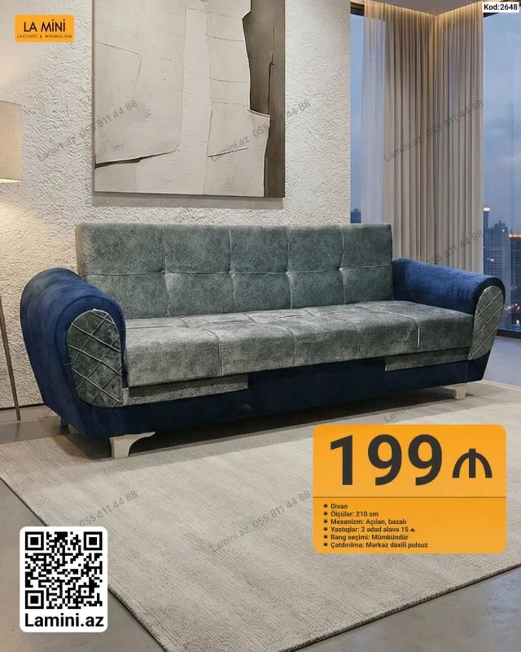 LA MINI – Divan (Kod: 2648) - Ölçü: 210 sm - Mexanizm: Açılan, bazalı