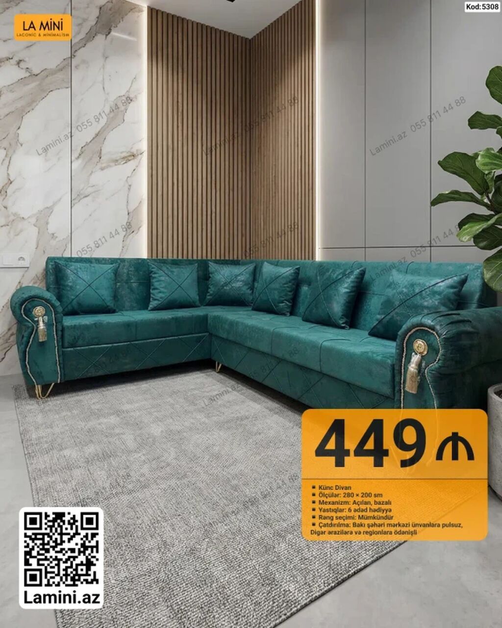 Künc divan – Kod: 5308 - Ölçülər: 280 × 200 sm - Mexanizm: açılan — Mebel, Bakı