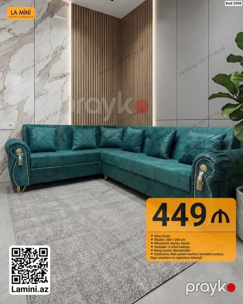 Künc divan – Kod: 5308 - Ölçü: 280 200 sm - Mexanizm: açılan — Bakı