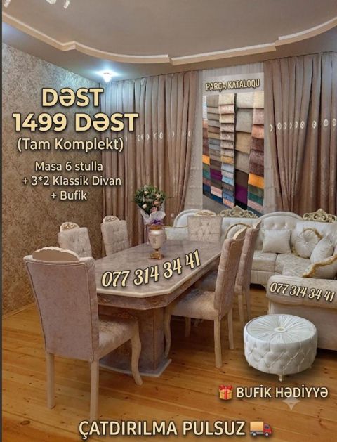 Klassik qonaq otağı dəsti – Tam Komplekt Tərkibi: - Masa + 6 ədəd