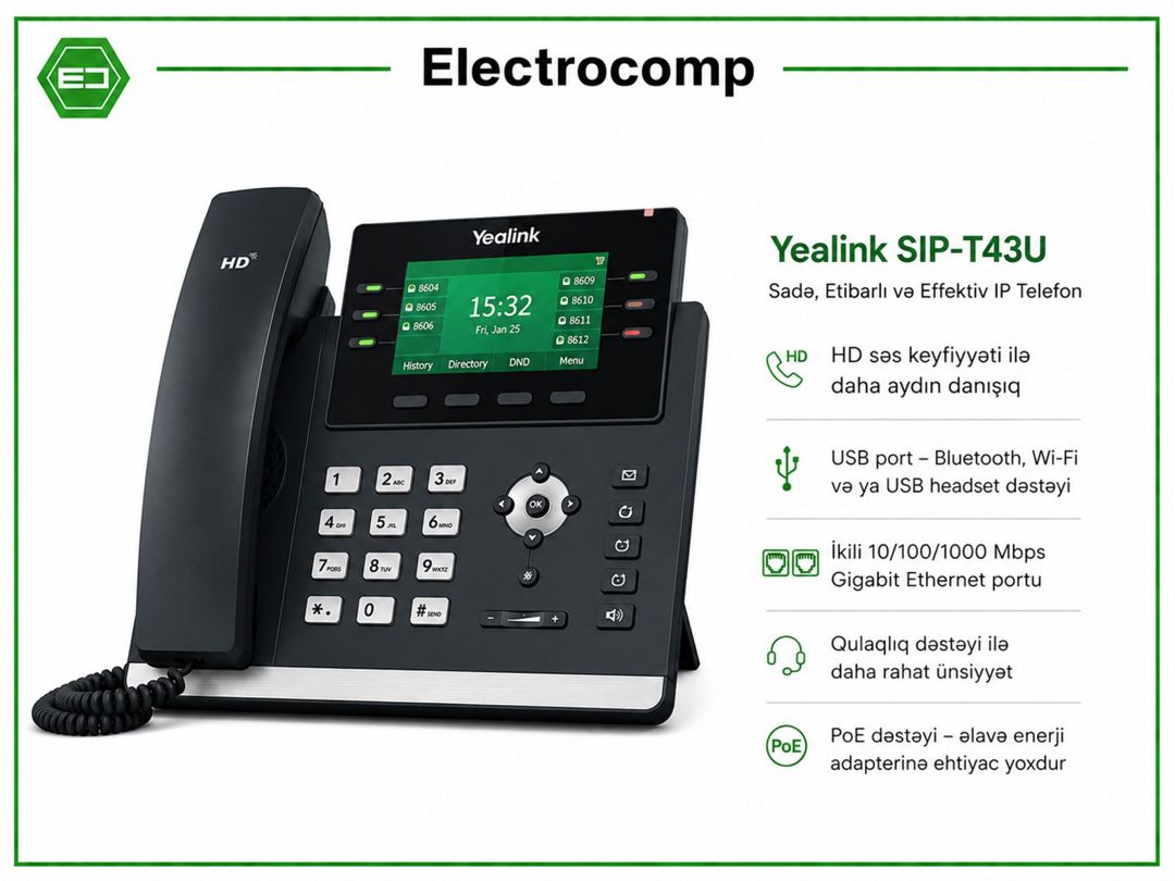 Yealink SIP-T43U – Yüksək Performanslı Biznes IP Telefonu — Şəbəkə və server avadanlığı, Bakı