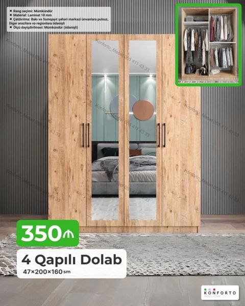 4 qapılı geyim dolabı – 47×200×160 sm - Material: 18 mm laminat - Ön — Konforto Mebel — Şkaflar