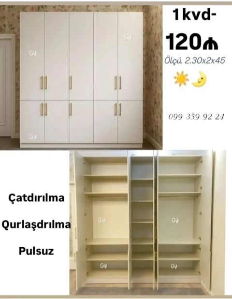 Ağ rəngli çoxbölməli paltar şkafı - Ölçü: 2.30 x 2 x 0.45 m - Ön — sifaris_yeni_mebel_Gülü_Hüseyn — Шкафы