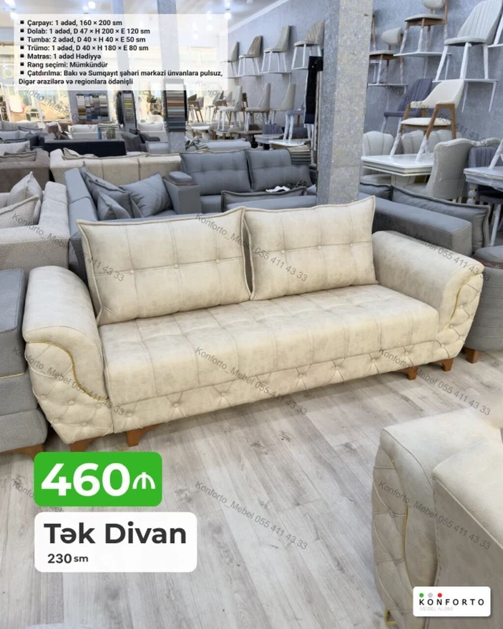 Tək divan – 230 sm - Ölçü: 230 sm enində geniş oturma sahəsi - — Mebel, Bakı