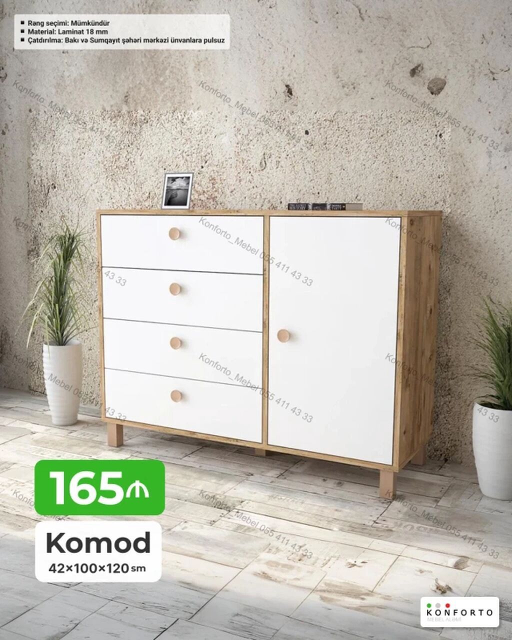 Komod – 42×100×120 sm - Minimal dizayn, ağ ön panellər və ağac — Mebel, Bakı