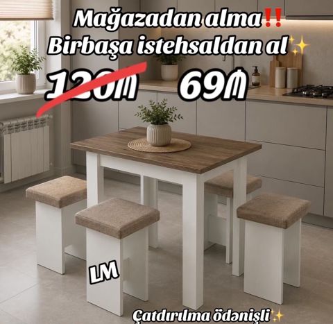 Mətbəx üçün kompakt masa və 4 taburet dəsti - Masa üstü: taxta