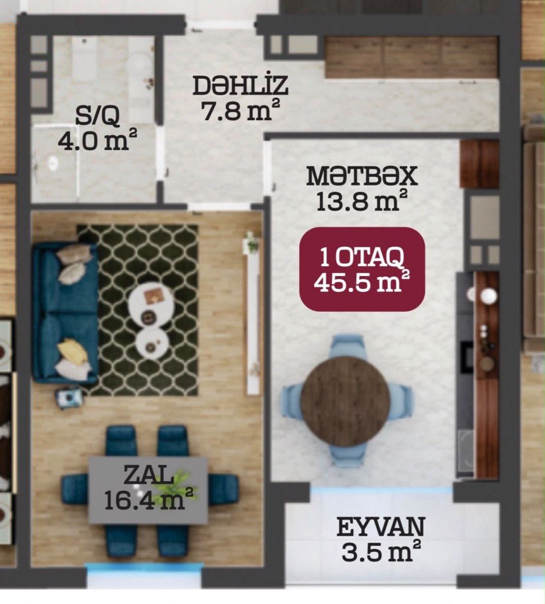 Satılır 2 otaqlı yeni tikili 45.5 m² — Mənzil, Bakı (5)