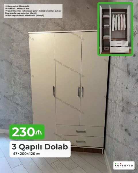 Məhsul: 3 qapılı geyim dolabı - Ölçü: 47 × 200 × 120 sm - Material — Konforto Mebel — Şkaflar