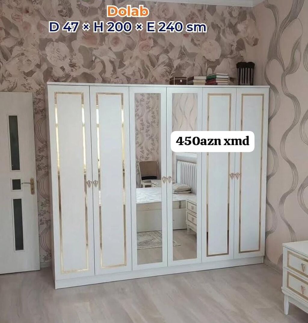 Ağ rəngdə, qızılı dekor xətləri ilə klassik üslublu 6 qapılı dolab — Mebel, Masazır