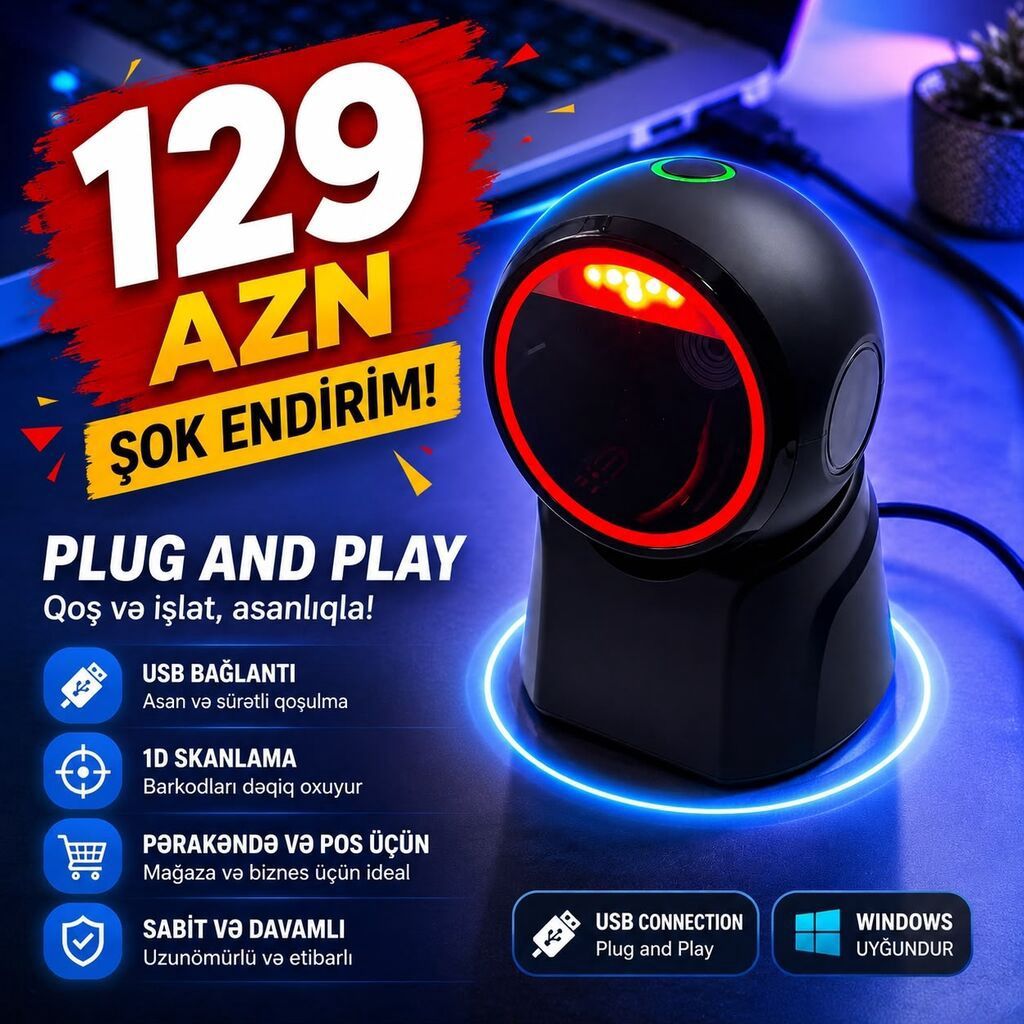 Barcod scayner 129 AZN – Şok endirim! Məhsul: USB bağlantılı masaüstü