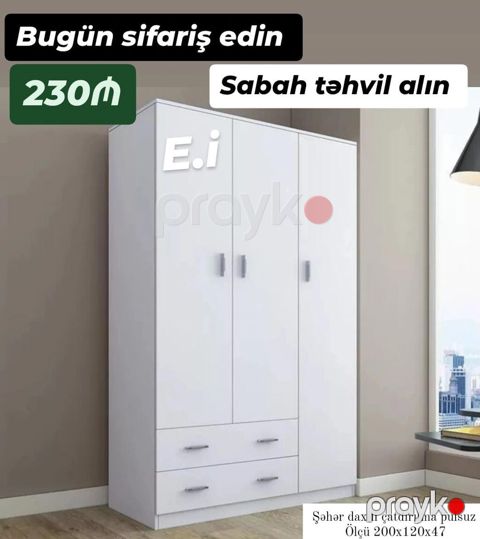 Ağ rəngli üçqapılı paltar şkafı - Qiymət: 230₼ - Ölçü: 200×120×47 sm