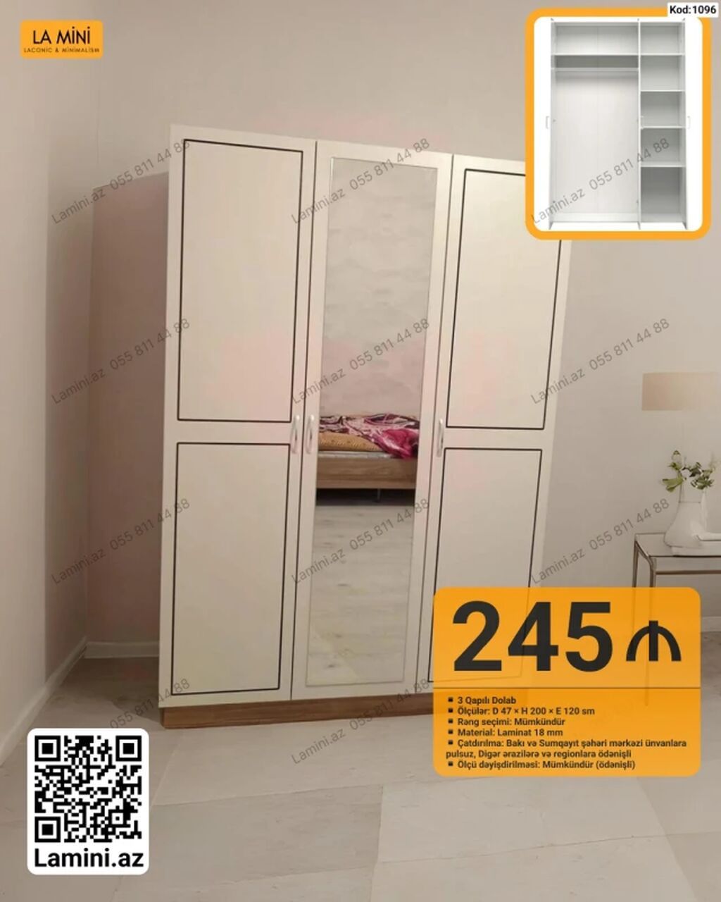 3 qapılı şkaf – Kod: 1096 - Ölçülər: Dərinlik 47 sm × Hündürlük 200 — Mebel, Bakı